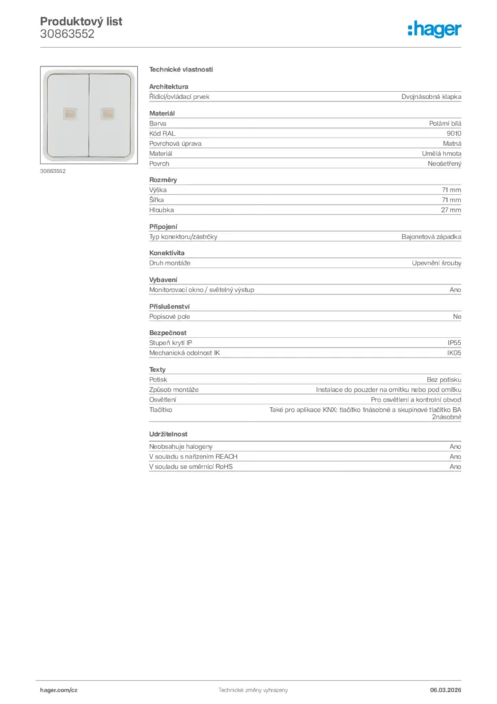 Obrázek Hager Product data sheet 30863552 | Hager