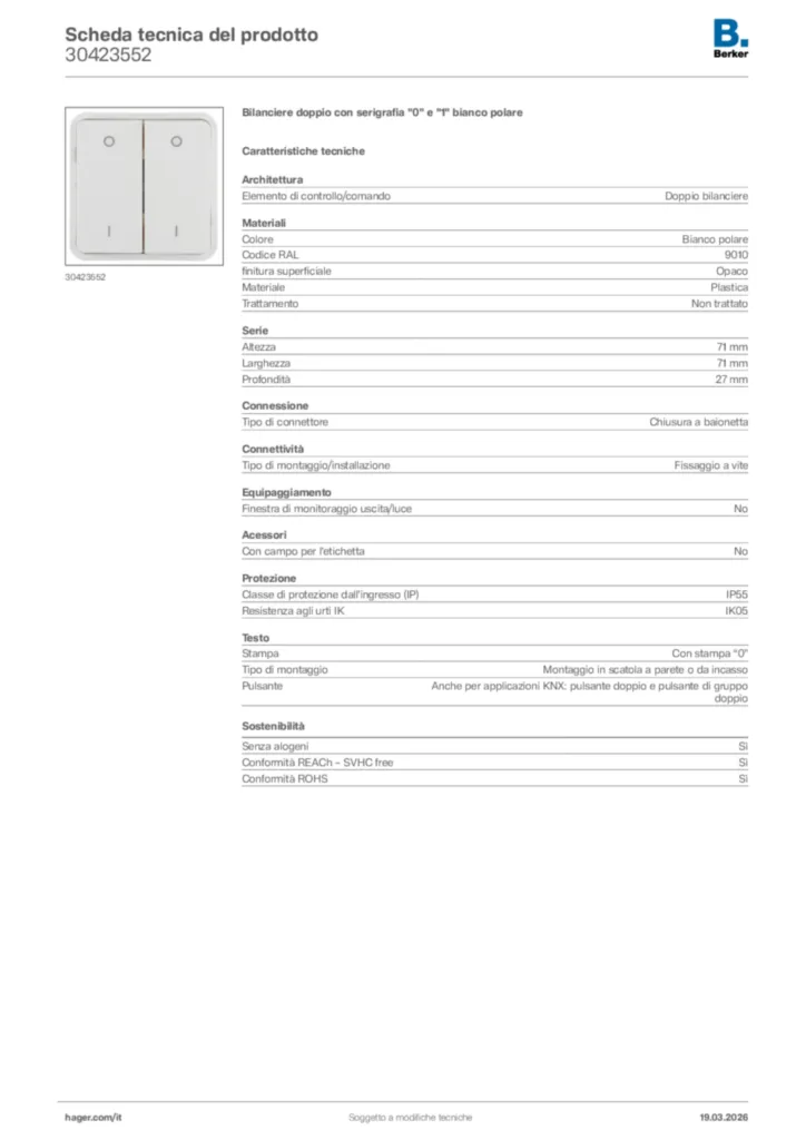Immagine Berker Scheda tecnica del prodotto 30423552 | Hager Italia