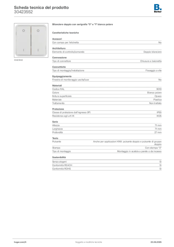 Immagine Berker Scheda tecnica del prodotto 30423552 | Hager Italia
