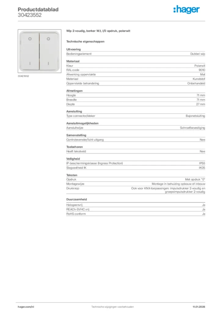 Afbeelding Hager Productdatablad 30423552 | Hager Nederland