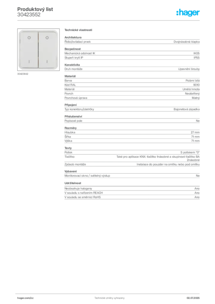 Obrázek Hager Produktový list 30423552 | Hager