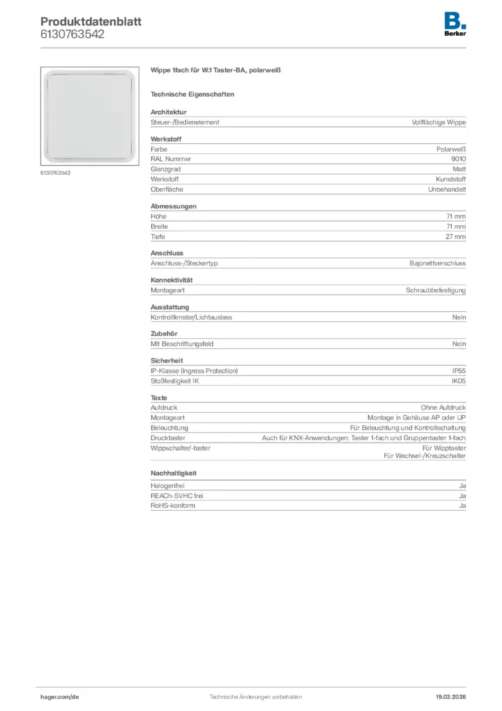 Bild Berker Produktdatenblatt 6130763542 | Hager Deutschland