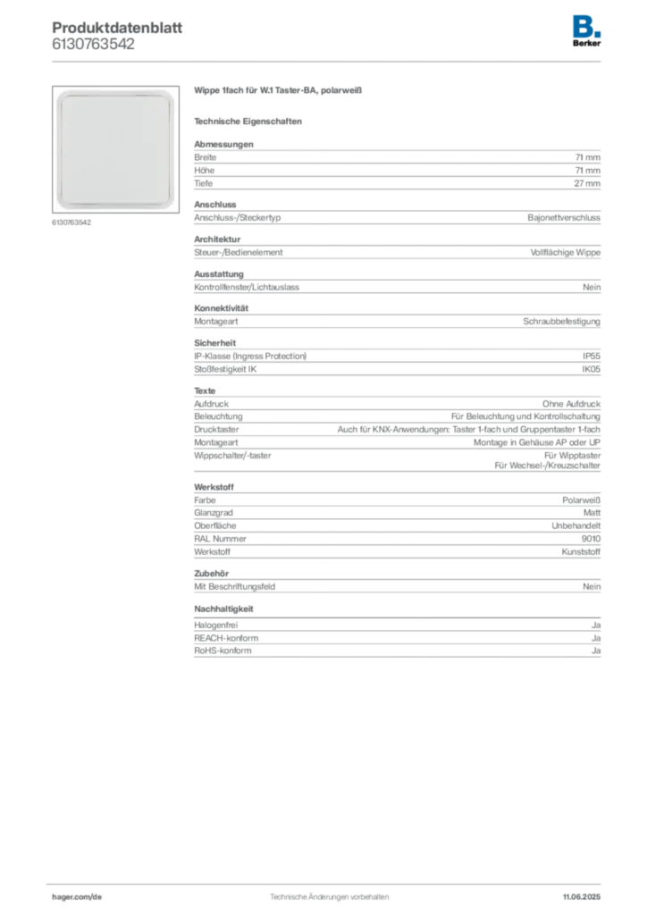 Bild Berker Produktdatenblatt 6130763542 | Hager Deutschland