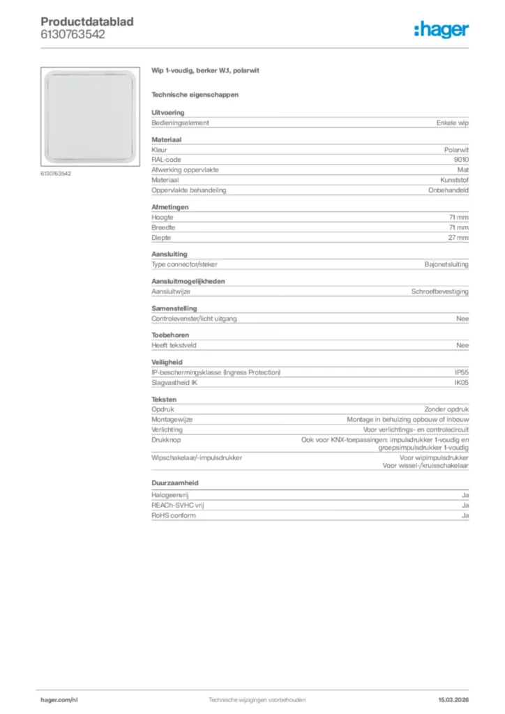 Afbeelding Hager Productdatablad 6130763542 | Hager Nederland