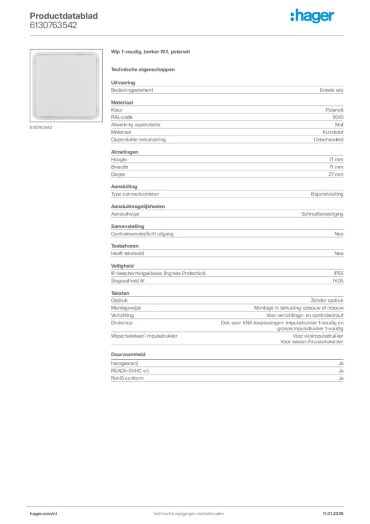 Afbeelding Hager Productdatablad 6130763542 | Hager Nederland