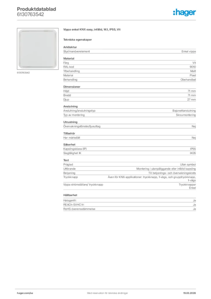 Bild Hager Produktdatablad 6130763542 | Hager Sverige