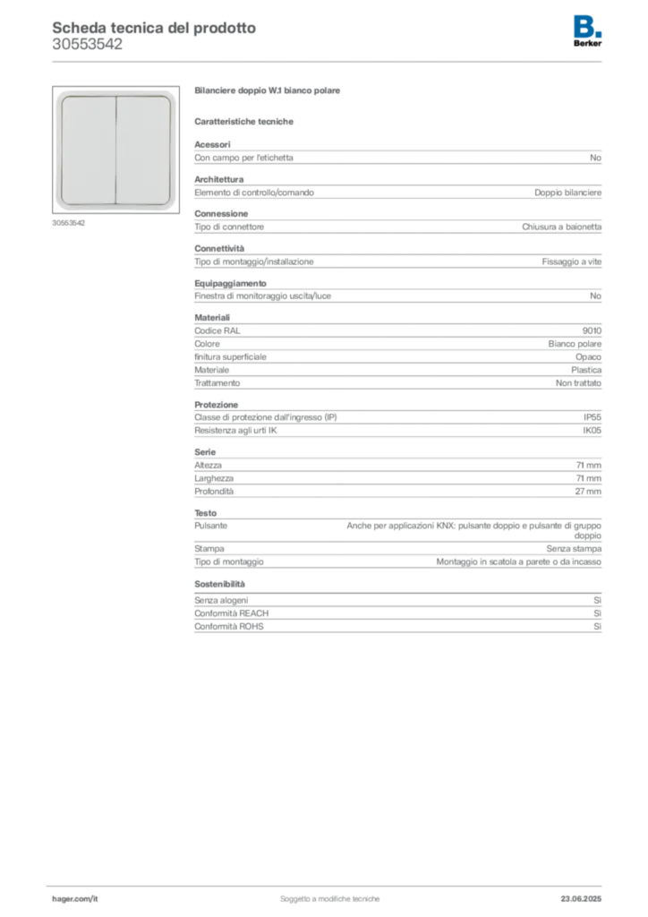 Immagine Berker Scheda tecnica del prodotto 30553542 | Hager Italia