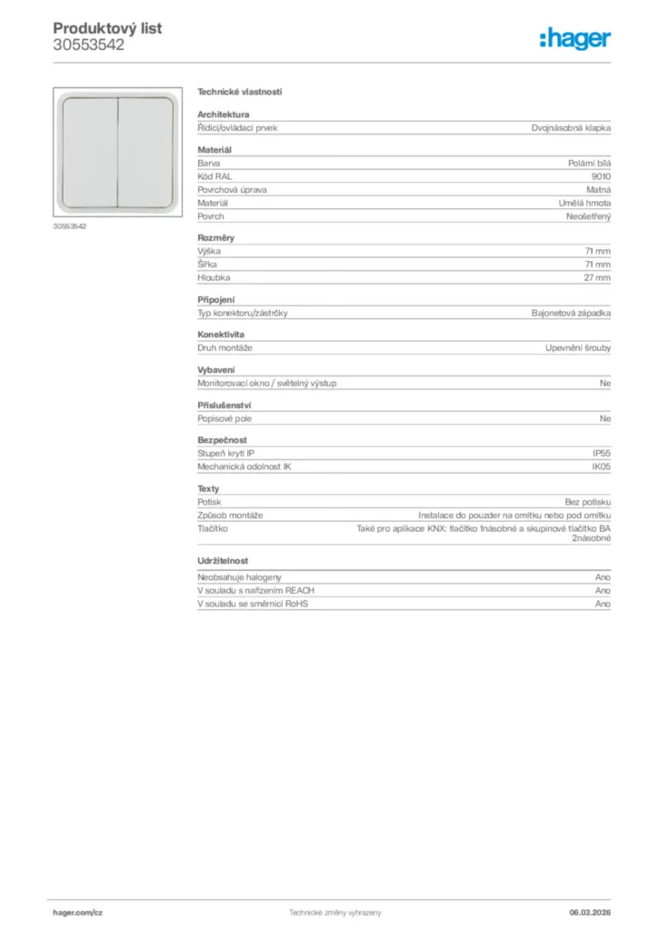 Obrázek Hager Product data sheet 30553542 | Hager