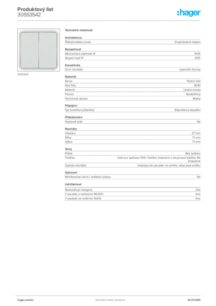 Obrázek Hager Produktový list 30553542 | Hager