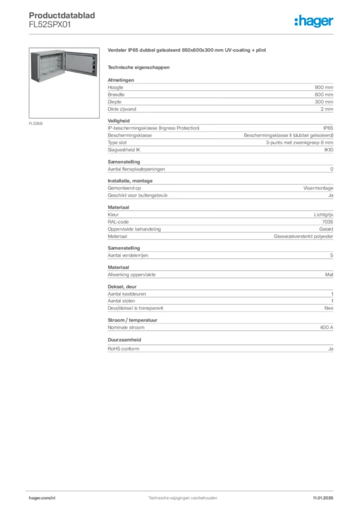 Afbeelding Hager Productdatablad FL52SPX01 | Hager Nederland