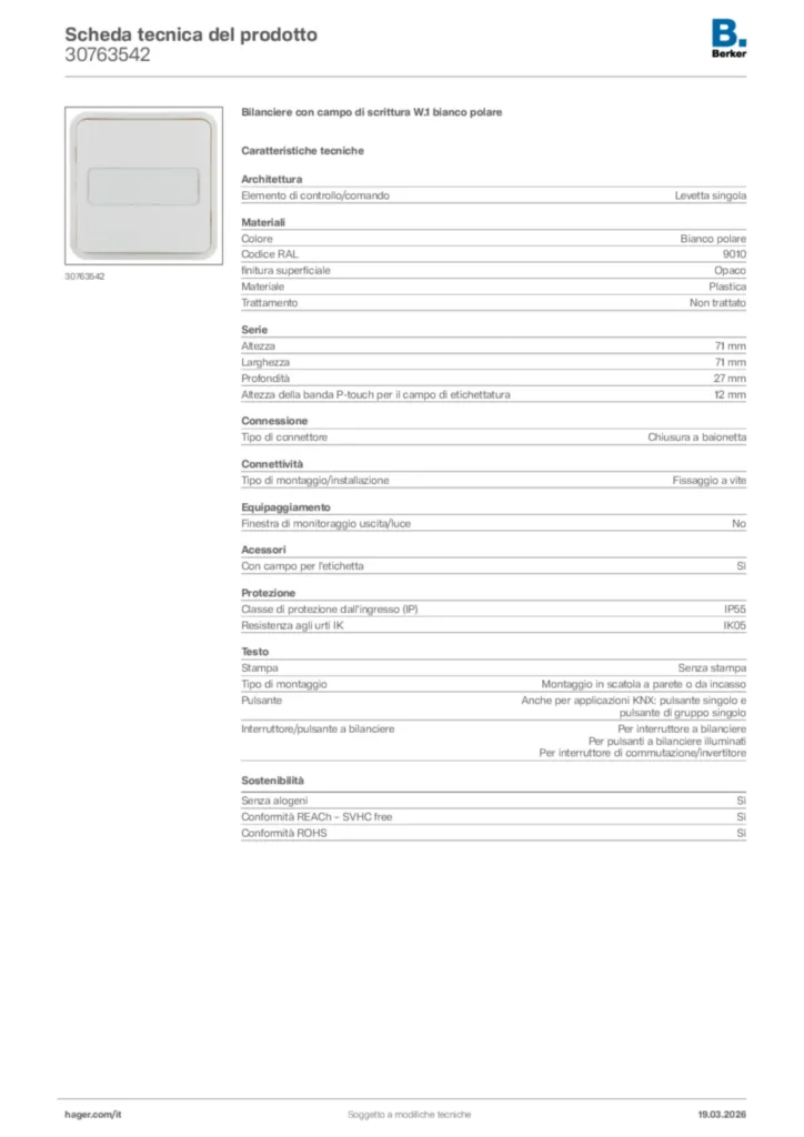 Immagine Berker Scheda tecnica del prodotto 30763542 | Hager Italia