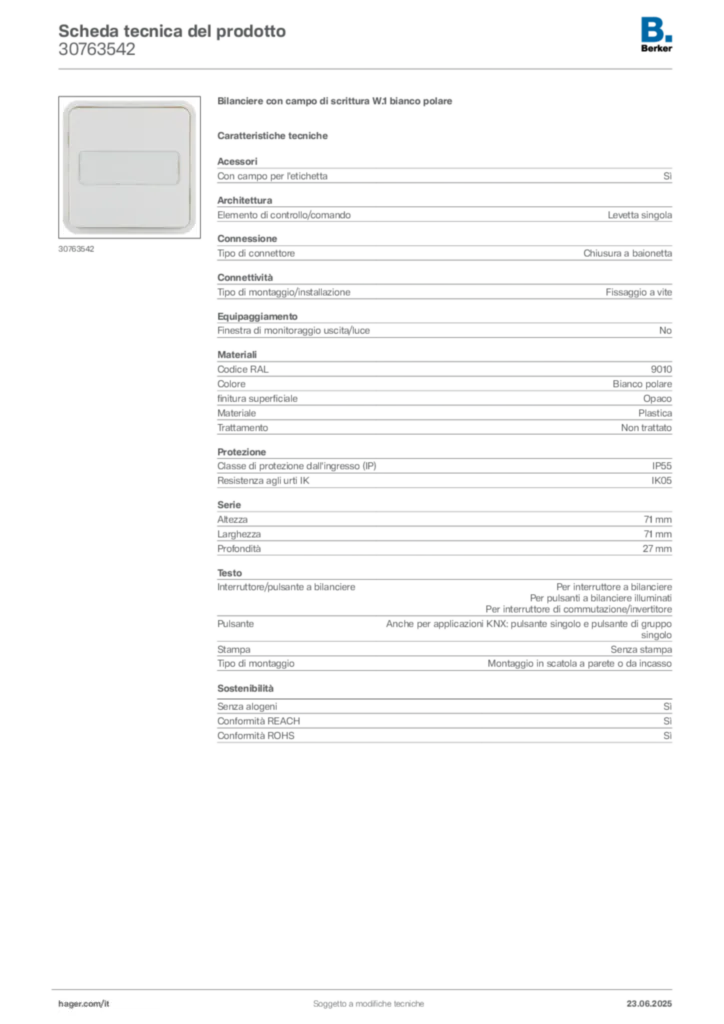 Immagine Berker Scheda tecnica del prodotto 30763542 | Hager Italia