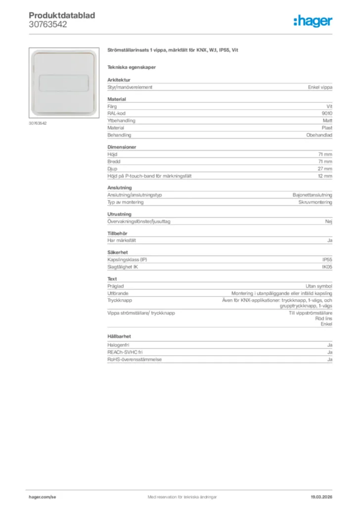 Bild Hager Produktdatablad 30763542 | Hager Sverige