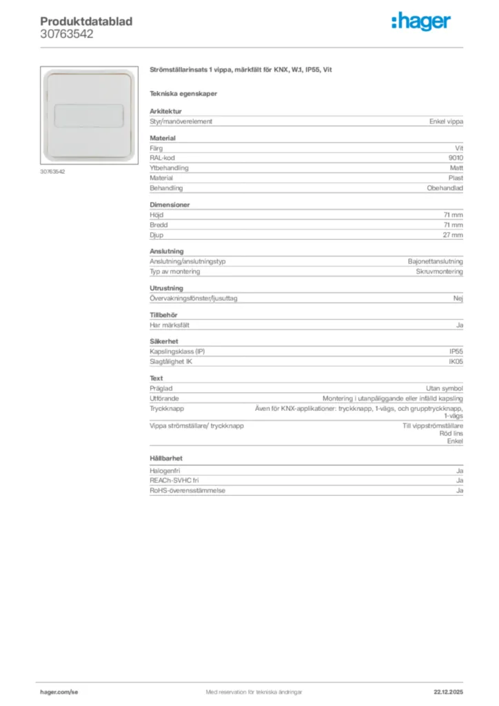 Bild Hager Produktdatablad 30763542 | Hager Sverige