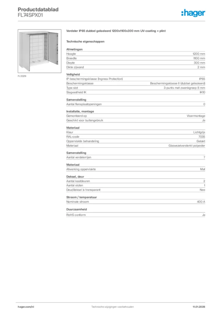 Afbeelding Hager Productdatablad FL74SPX01 | Hager Nederland