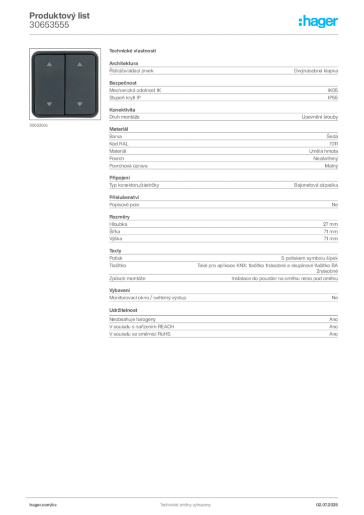 Obrázek Hager Produktový list 30653555 | Hager