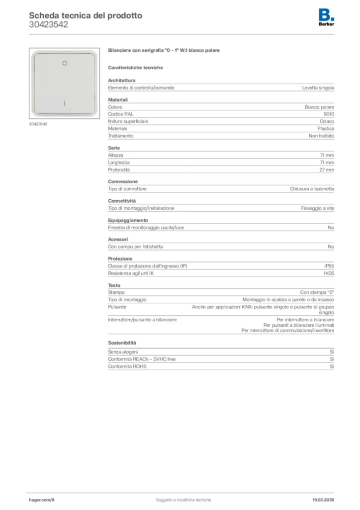 Immagine Berker Scheda tecnica del prodotto 30423542 | Hager Italia