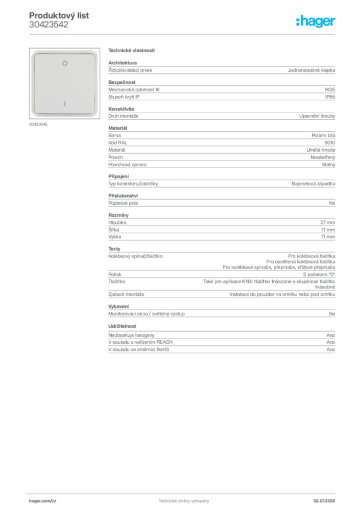 Obrázek Hager Produktový list 30423542 | Hager