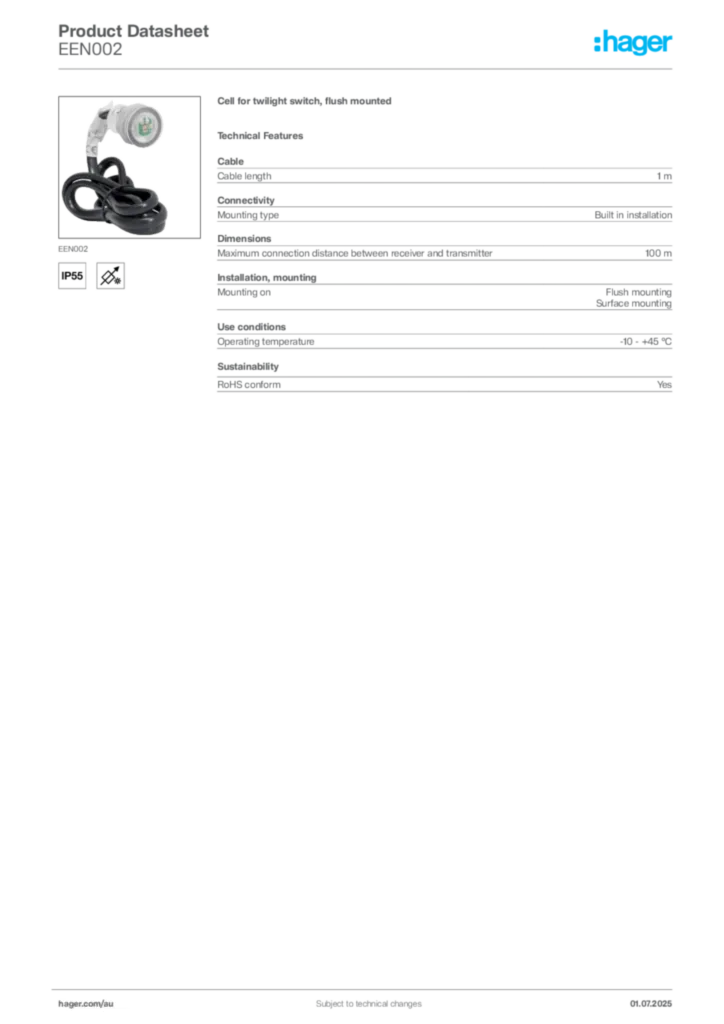 Image Hager Product data sheet EEN002  | Hager Australia
