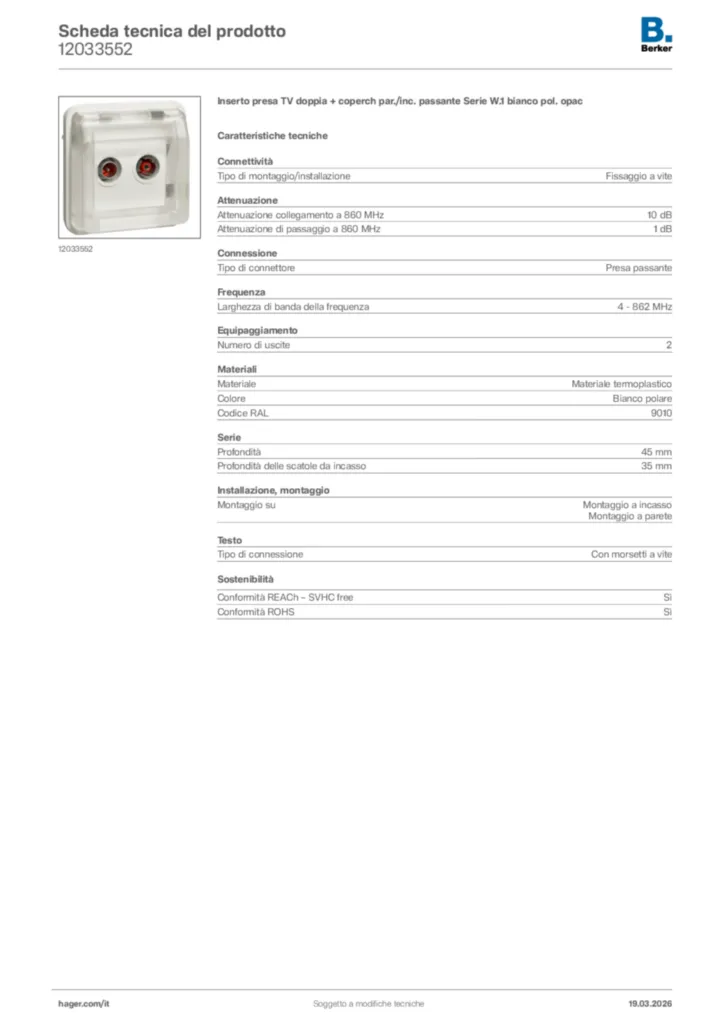 Immagine Berker Scheda tecnica del prodotto 12033552 | Hager Italia