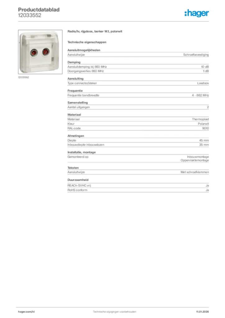 Afbeelding Hager Productdatablad 12033552 | Hager Nederland