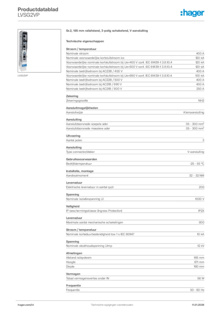Afbeelding Hager Productdatablad LVSG2VP | Hager Nederland