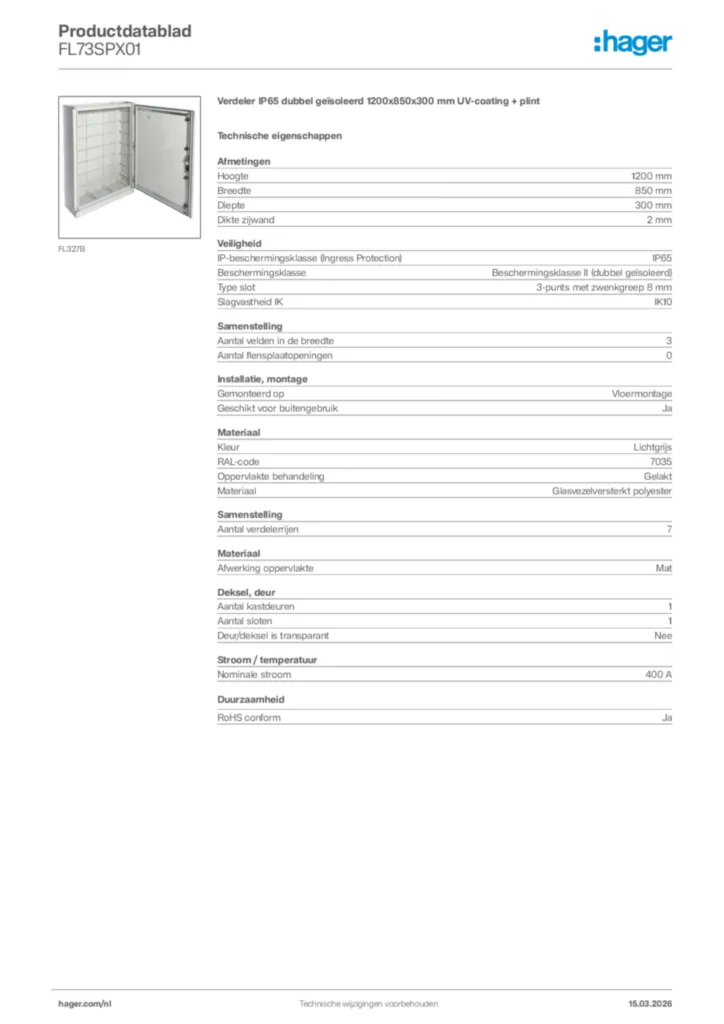 Afbeelding Hager Productdatablad FL73SPX01 | Hager Nederland