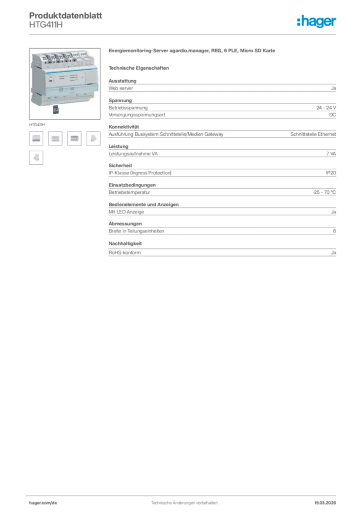 Bild Hager Produktdatenblatt HTG411H | Hager Deutschland