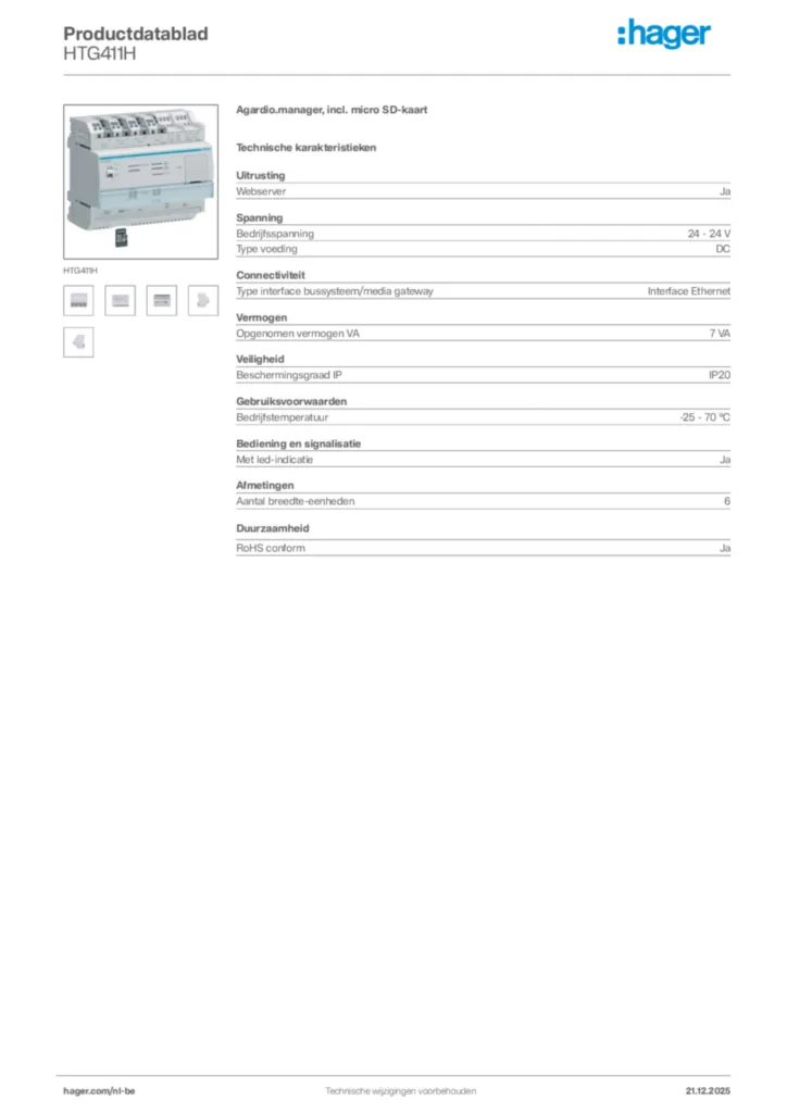 Afbeelding Hager Productdatablad HTG411H | Hager Belgium