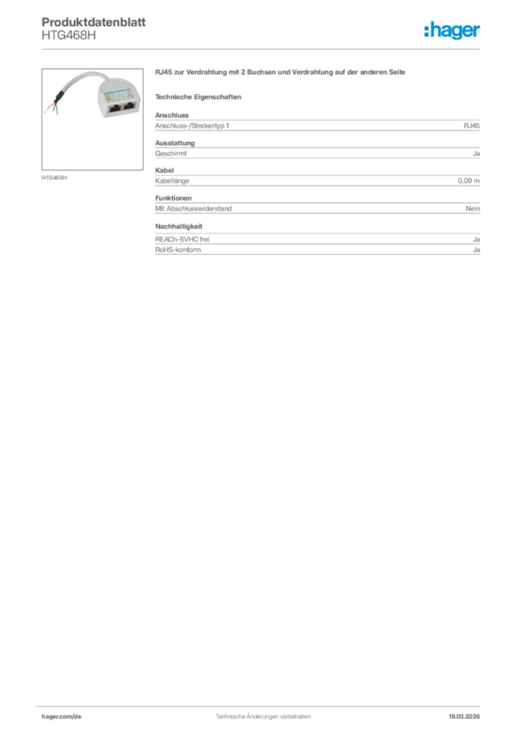 Bild Hager Produktdatenblatt HTG468H | Hager Deutschland