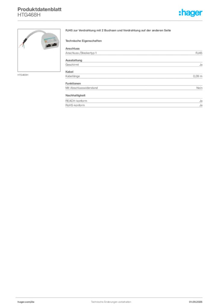 Bild Hager Produktdatenblatt HTG468H | Hager Deutschland