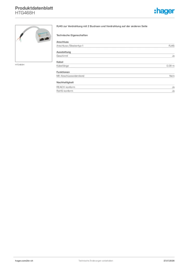 Bild Hager Produktdatenblatt HTG468H | Hager Schweiz