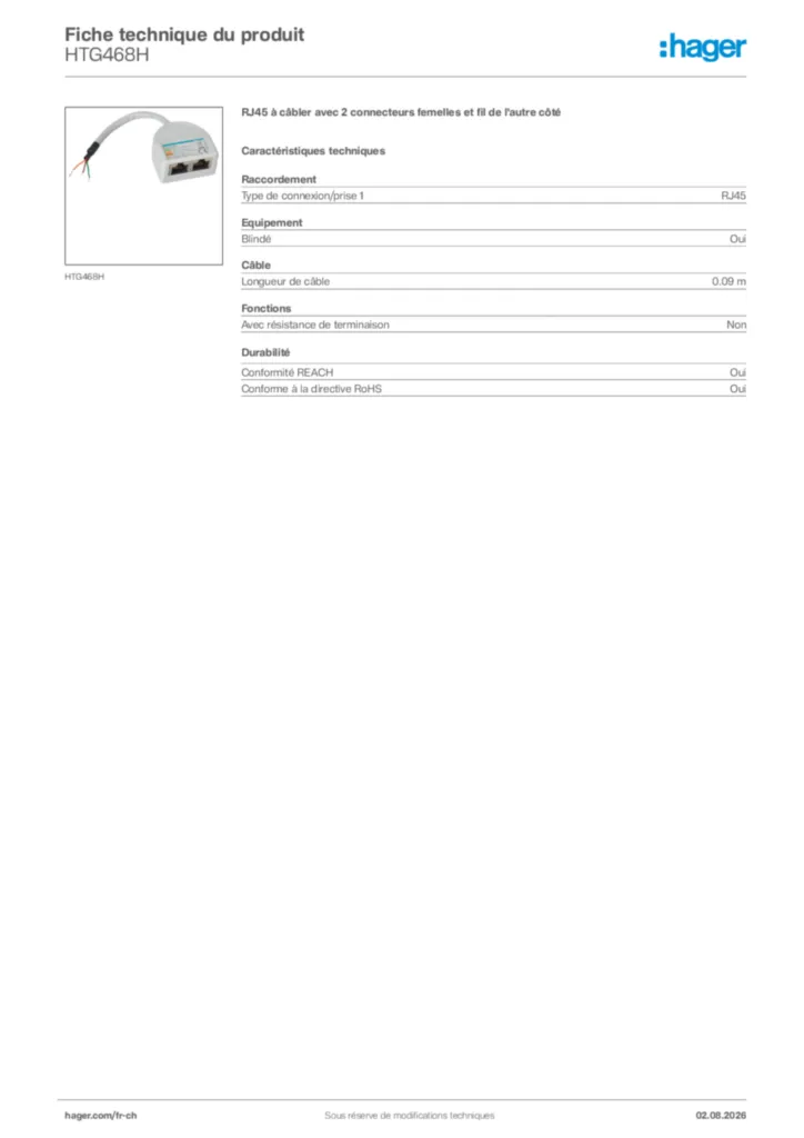 Image Hager Fiche technique du produit HTG468H | Hager Suisse