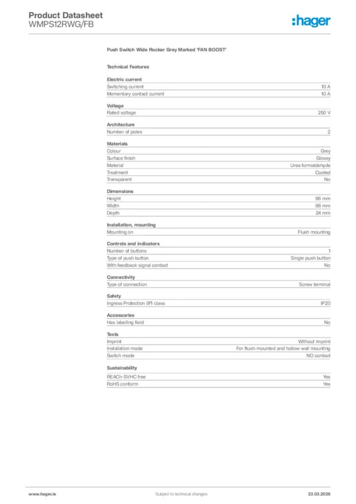 Image Hager Product data sheet WMPS12RWG/FB  | Hager