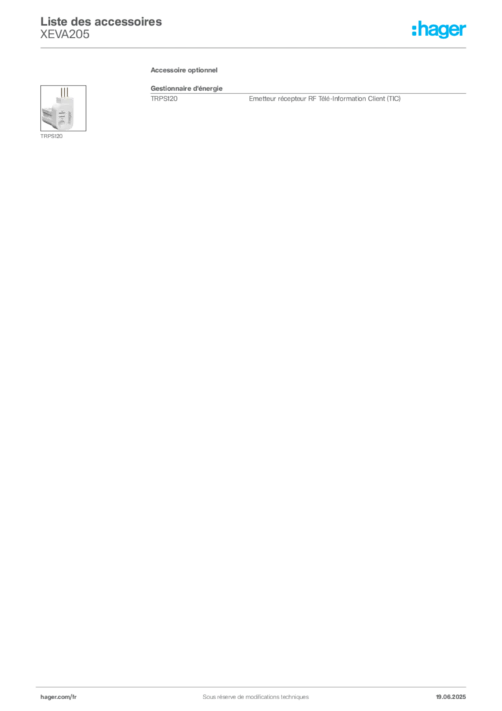 Image Hager Fiche technique du produit XEVA205 | Hager France