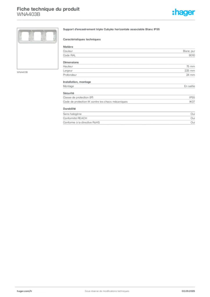 Image Hager Fiche technique du produit WNA403B | Hager France