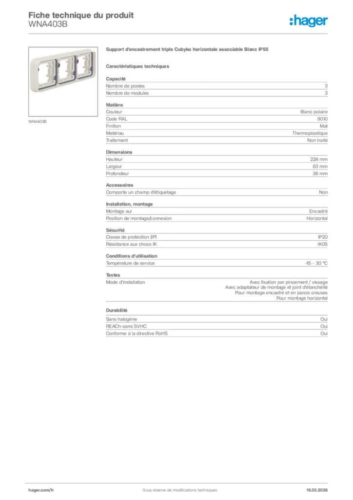 Image Hager Fiche technique du produit WNA403B | Hager France