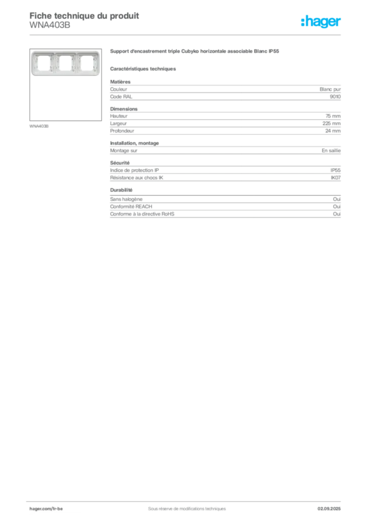 Image Hager Fiche technique du produit WNA403B | Hager Belgique