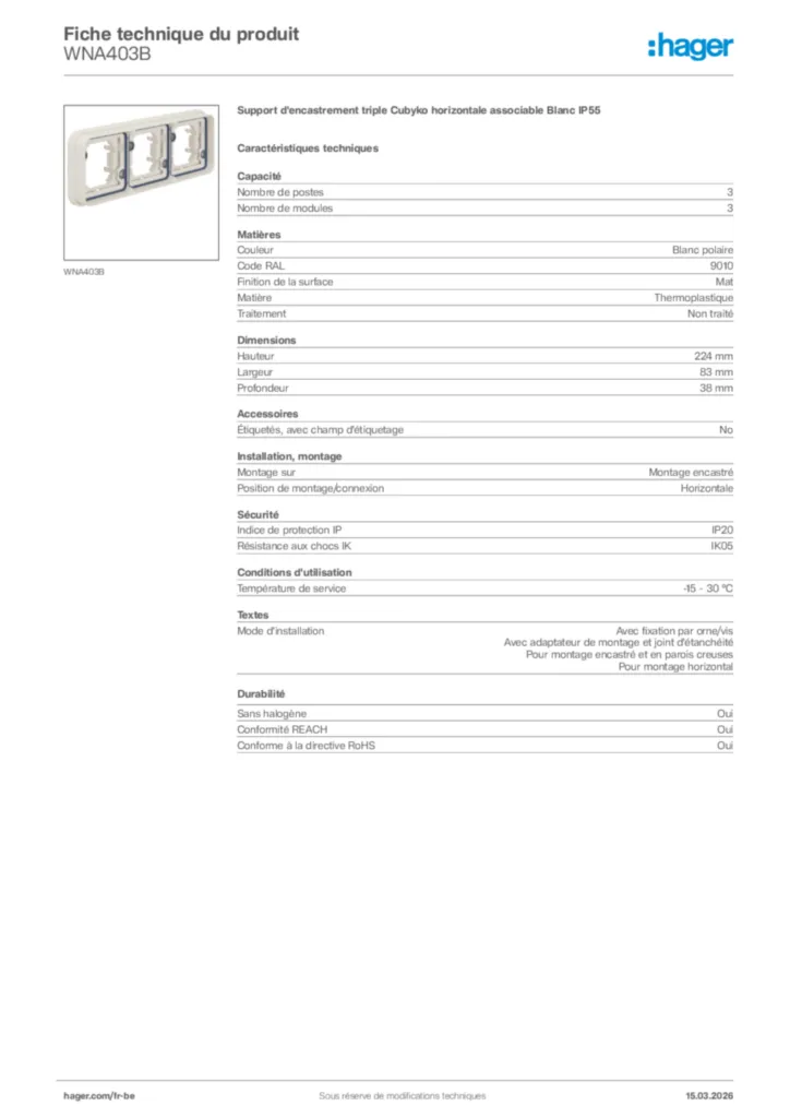 Image Hager Fiche technique du produit WNA403B | Hager Belgique