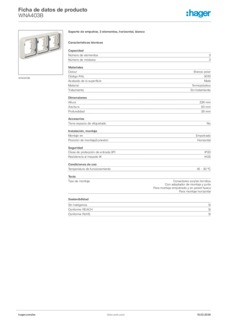 Imagen Hager Ficha de datos de producto WNA403B | Hager España