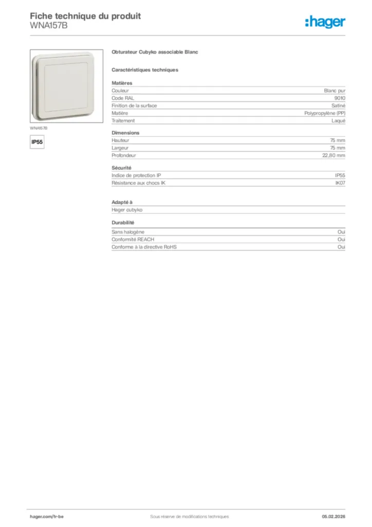 Image Hager Fiche technique du produit WNA157B | Hager Belgique