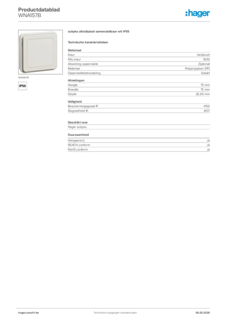 Afbeelding Hager Productdatablad WNA157B | Hager Belgium