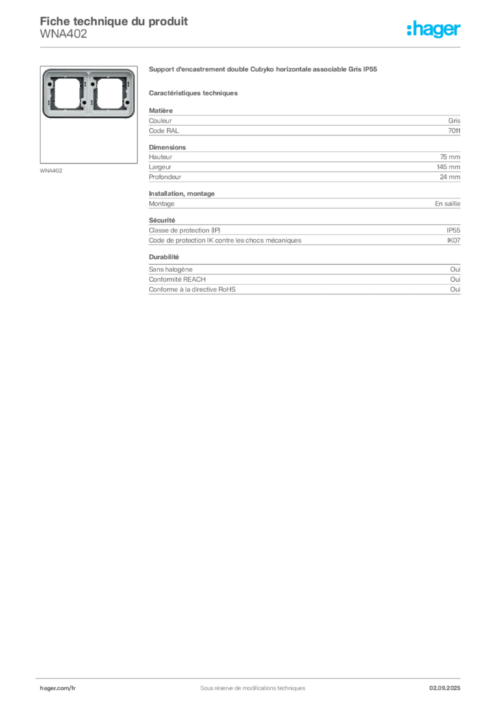 Image Hager Fiche technique du produit WNA402 | Hager France