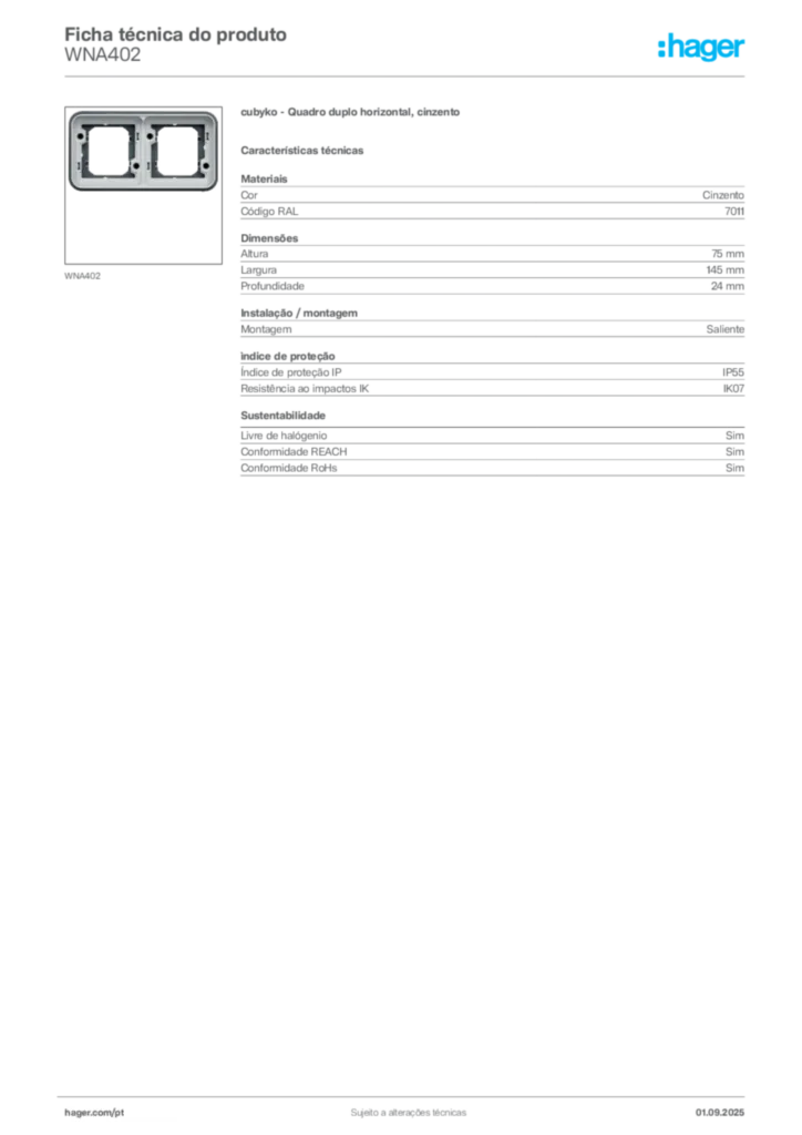 Imagem Hager Ficha técnica do produto WNA402 | Hager Portugal