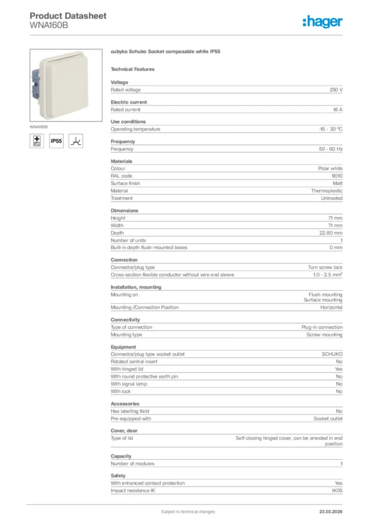 Image Hager Product data sheet WNA160B  | Hager Africa