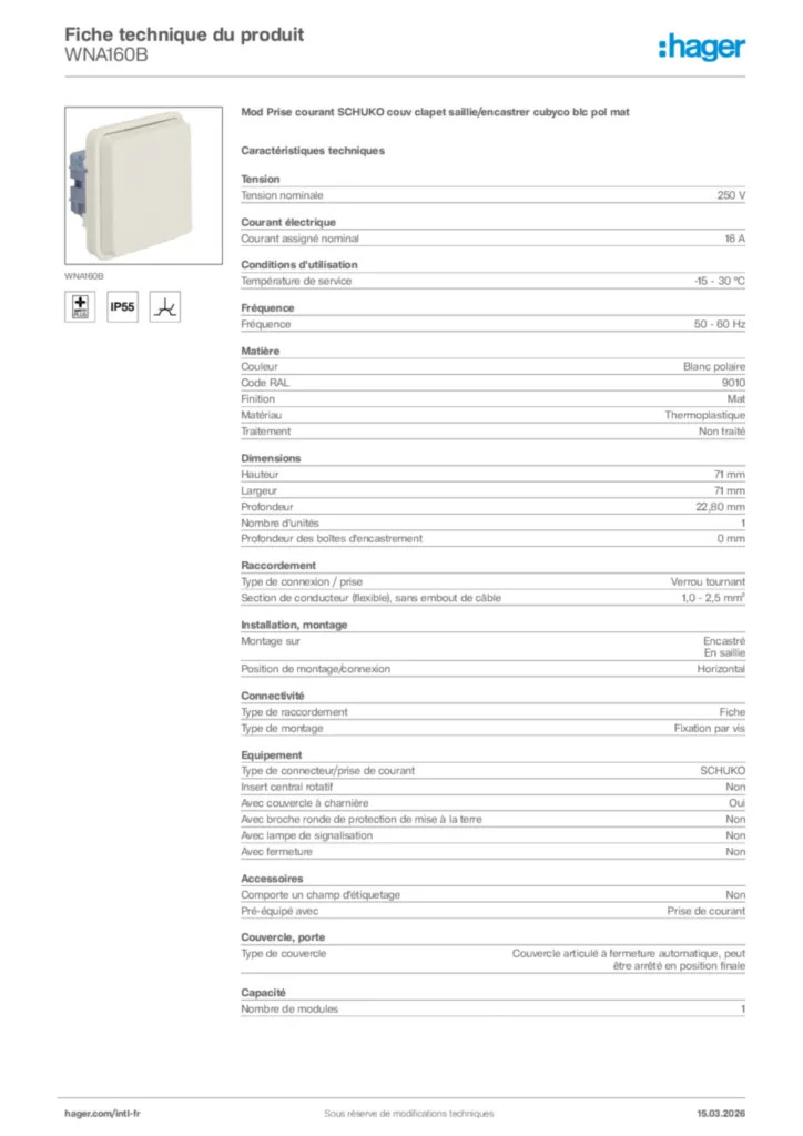 Image Hager Fiche technique du produit WNA160B | Hager Afrique