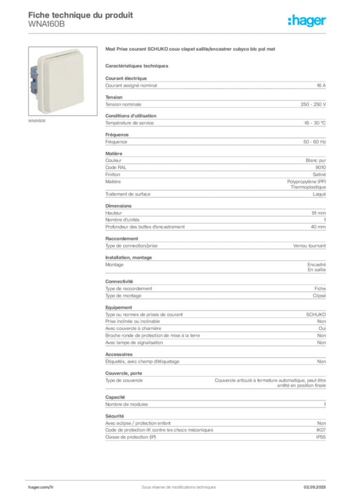 Image Hager Fiche technique du produit WNA160B | Hager France