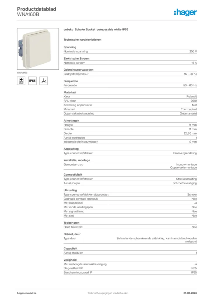 Afbeelding Hager Productdatablad WNA160B | Hager Belgium