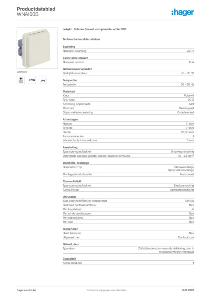 Afbeelding Hager Productdatablad WNA160B | Hager Belgium