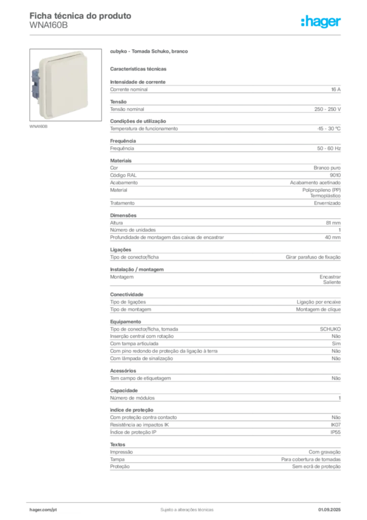 Imagem Hager Ficha técnica do produto WNA160B | Hager Portugal